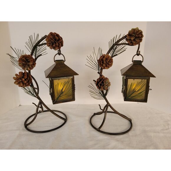 Rustic Pinecones Metal Pine Needles Lantern Tea Light Candle Holders Cabin Decor - Picture 14 of 14